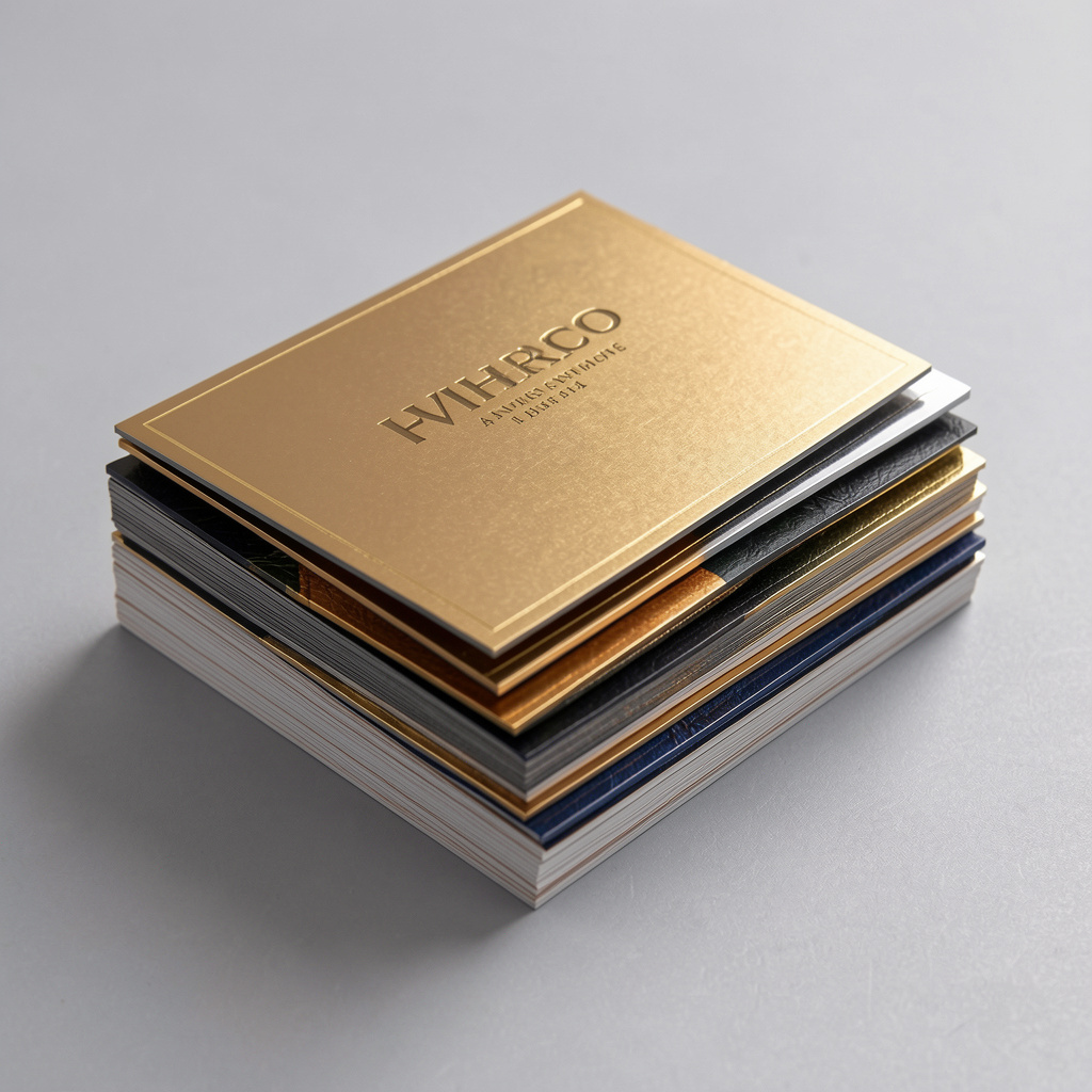 Stack of premium business cards with various finishes and textures